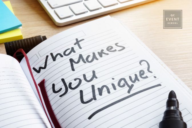Event planning niche article, in-post image, "What makes you unique?" written in notebook on table