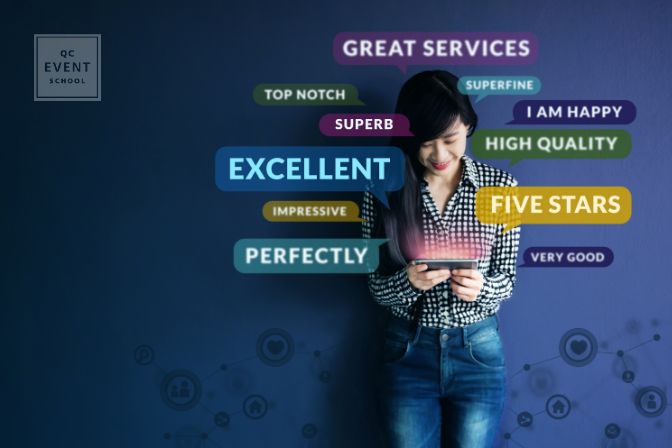 Customer Experience Concept. Soft focus of Happy Client standing at the Wall, Smiling while using Smartphone. Surrounded by Positive Review in Speech Bubble and Social Network icons