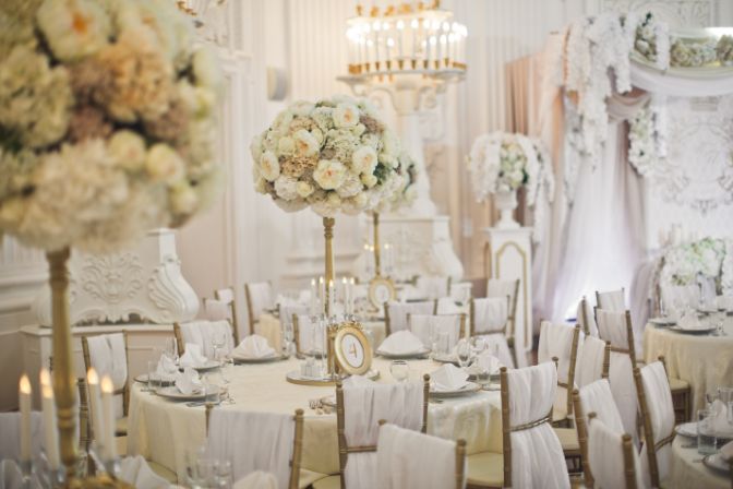 Luxury decorated dinner hall in white and brown tones. Wedding planner article.