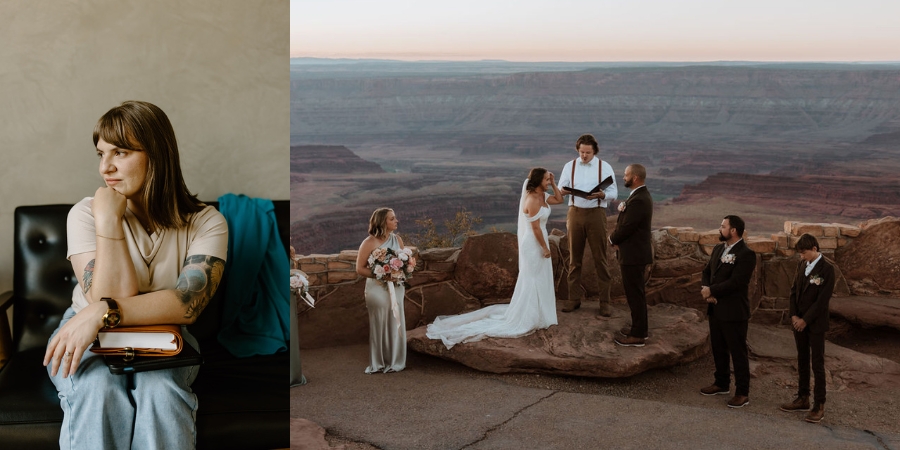 A side-by-side photo showing a woman sitting with a planner on the left, and a wedding ceremony taking place on a rocky overlook with a sweeping desert canyon in the background on the right.